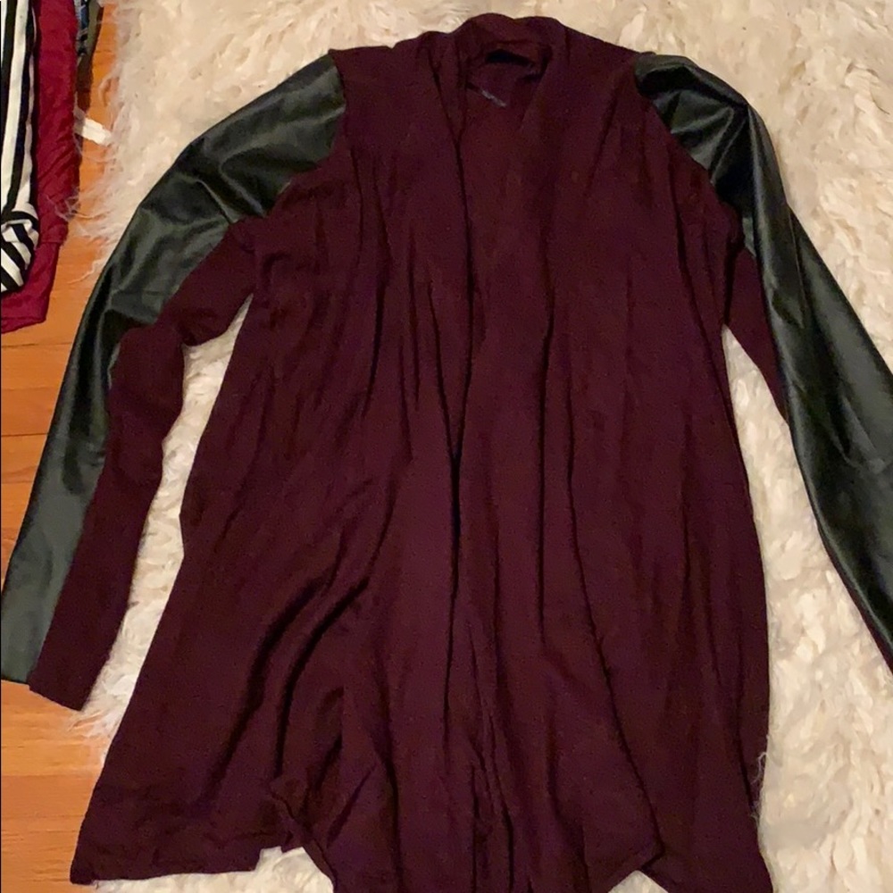 Dark purple cardigan with black pleather arms